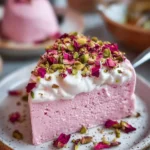 Delicious slice of Rose Milk Cake garnished with rose petals and cream.