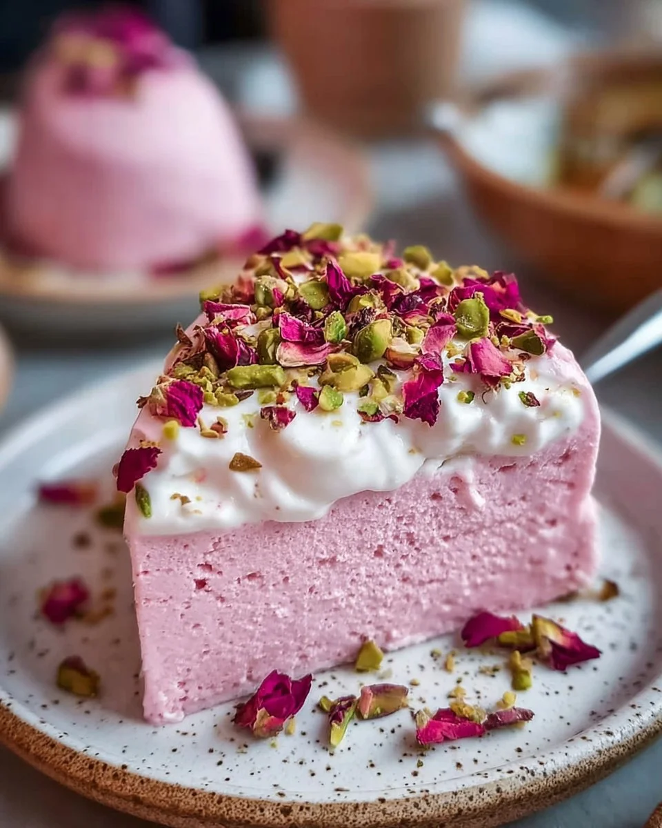 Delicious slice of Rose Milk Cake garnished with rose petals and cream.