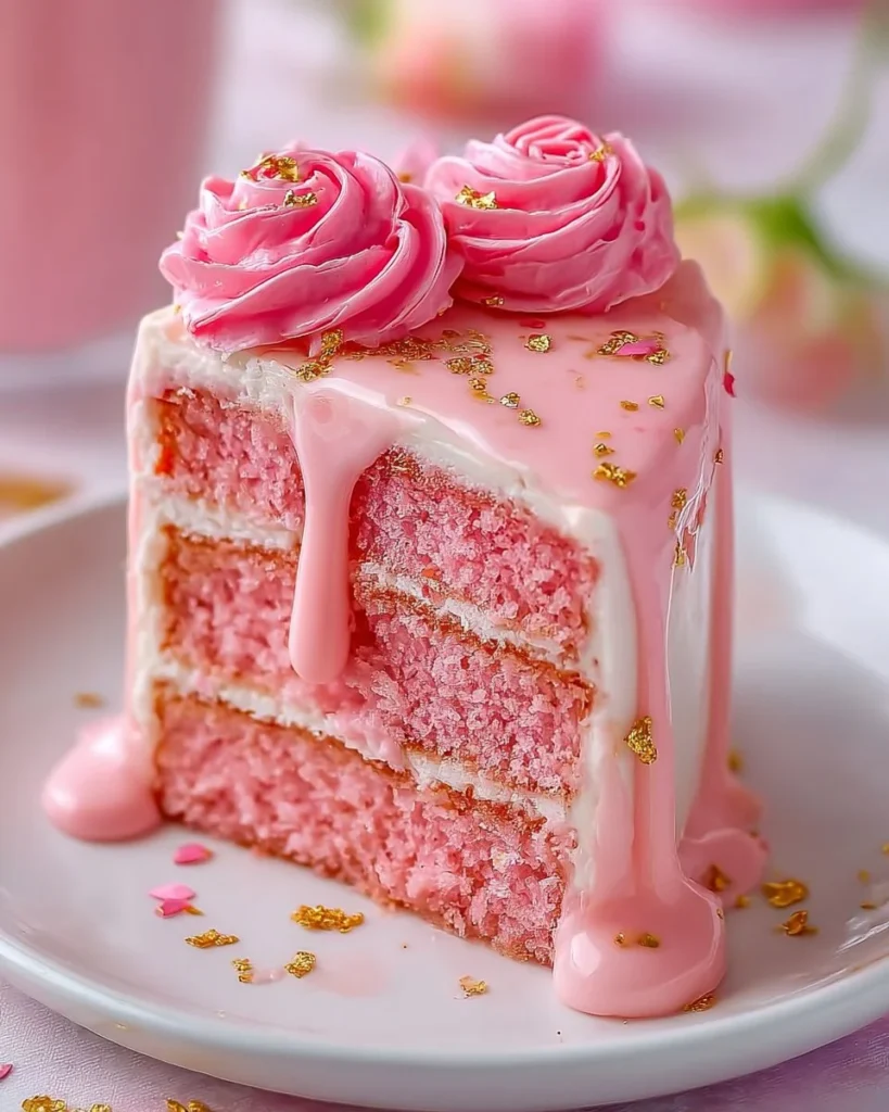 Delicious slice of rose milk cake topped with rose petals