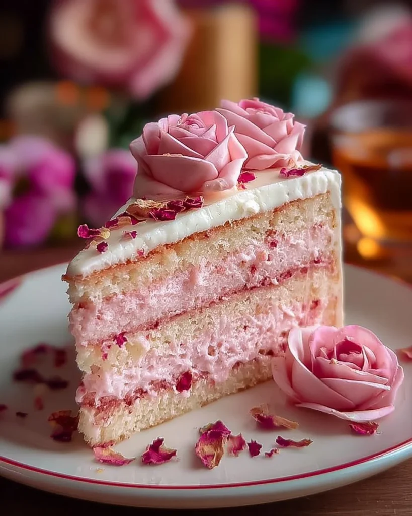 Deliciously layered Rose Milk Layer Cake adorned with rose petals and cream.