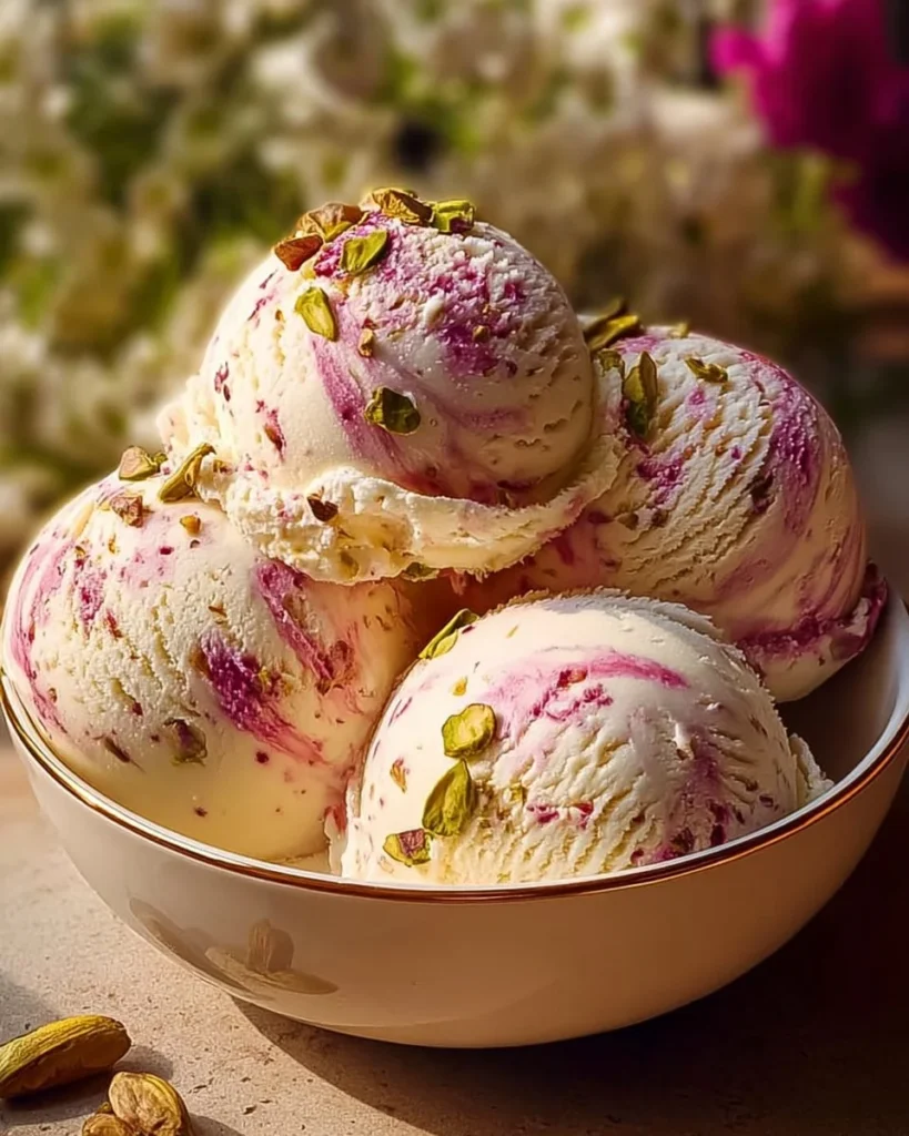 Scoop of Rose Pistachio Cheesecake Ice Cream in a decorative bowl
