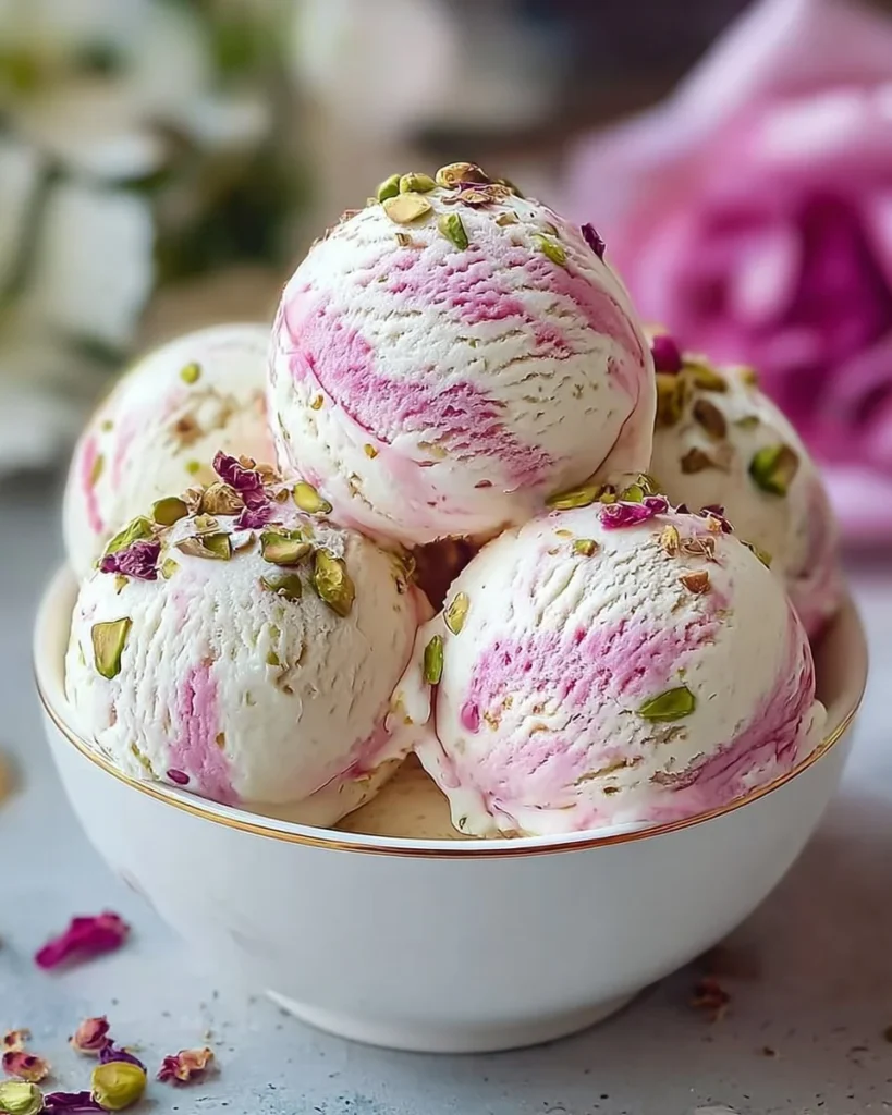 A delicious Rose Pistachio Cheesecake Ice Cream served in a bowl with toppings.