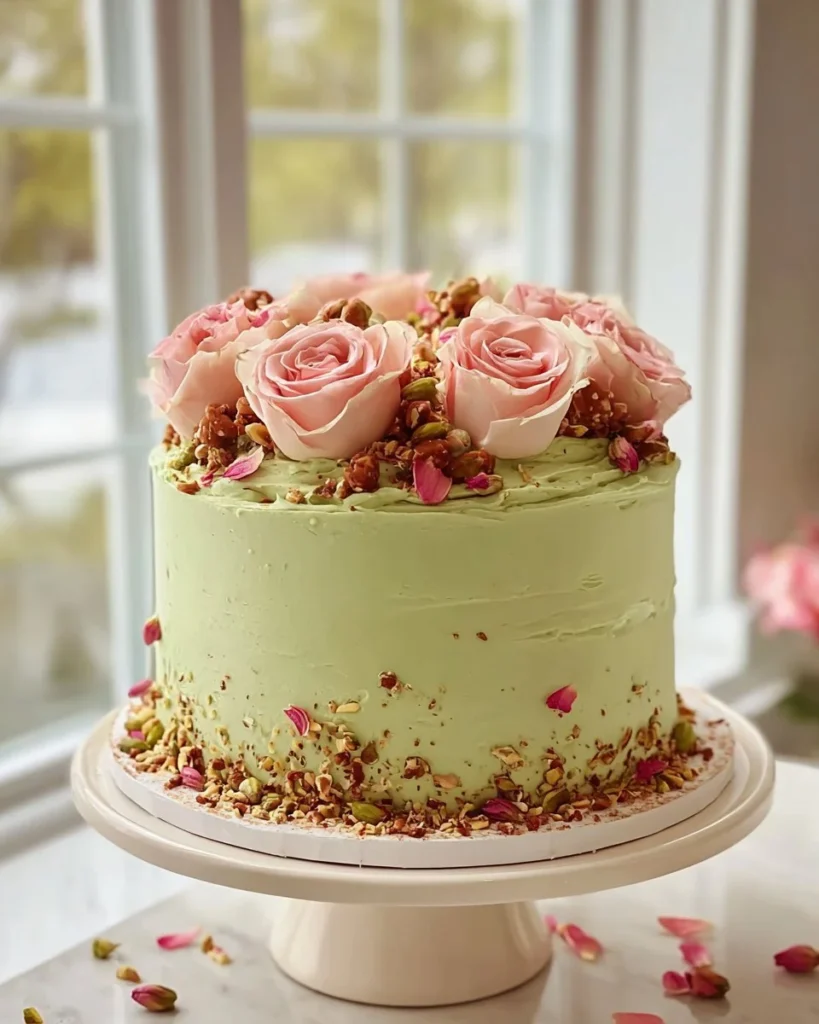 Slice of Rosewater Pistachio Cake garnished with pistachios and rose petals