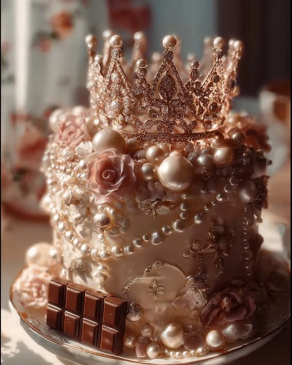 Royal Pearl Chocolate Cake with rich chocolate icing and decorative pearls