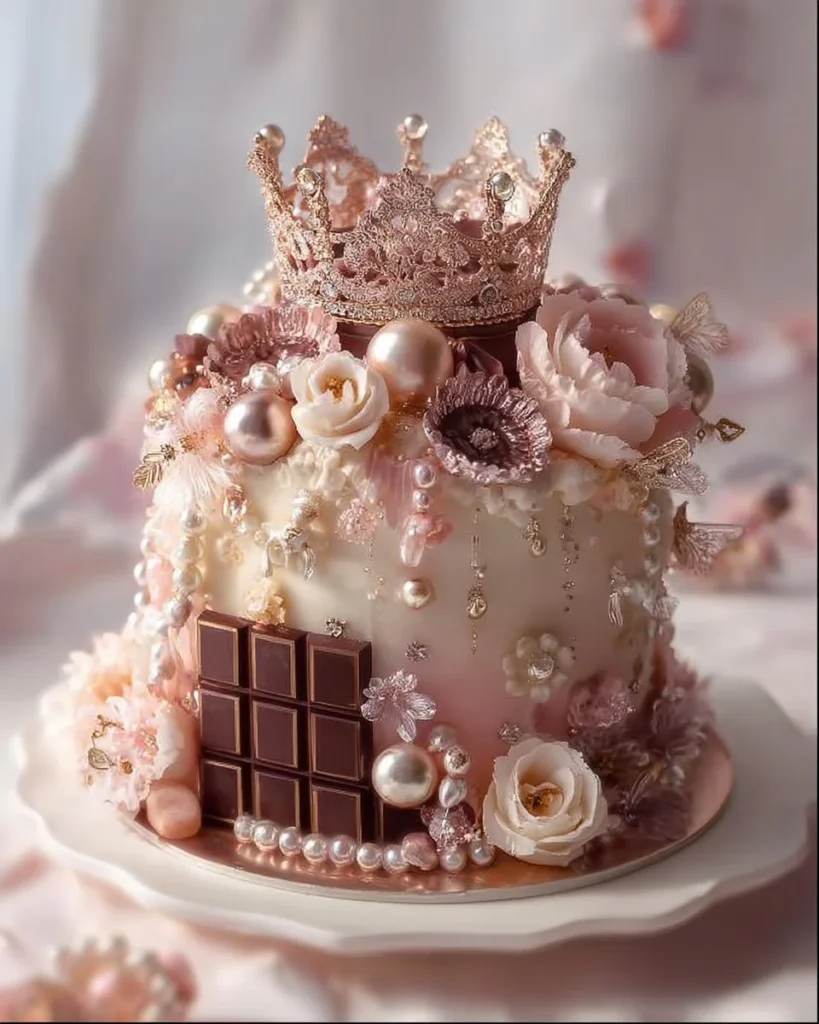 Royal Pearl Chocolate Cake with rich chocolate frosting and elegant pearl decorations