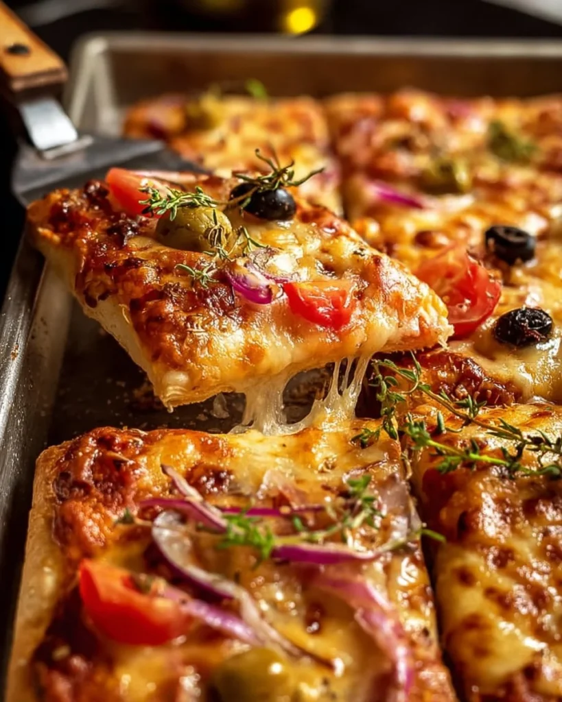 Rustic Sheet Pan Veggie Pizza topped with fresh vegetables and cheese