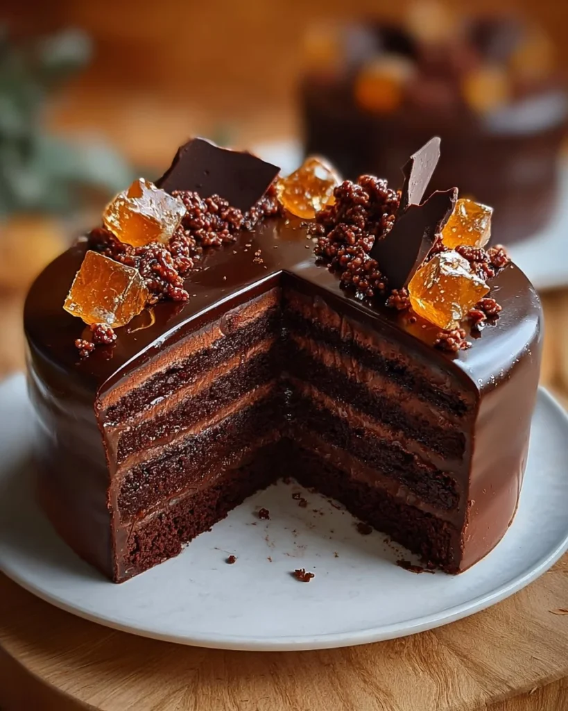 Delicious slice of Sacher Cake topped with apricot glaze and chocolate icing.