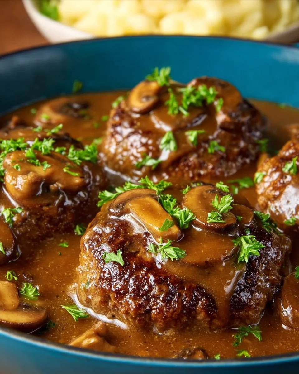 Salisbury steak topped with rich mushroom gravy on a plate