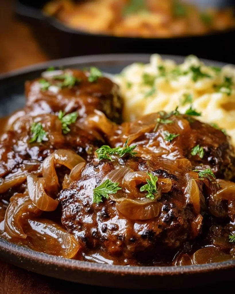 Salisbury steak with onion mushroom gravy served on a plate