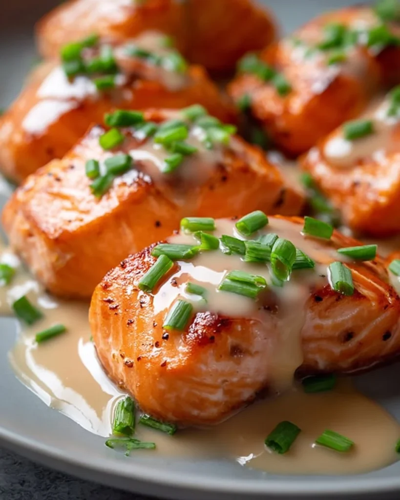 Delicious salmon bites drizzled with garlic cream sauce