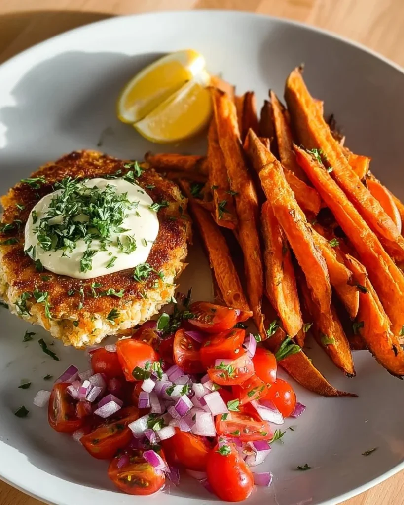 Delicious salmon cake served with carrot fries and fresh salad on a plate