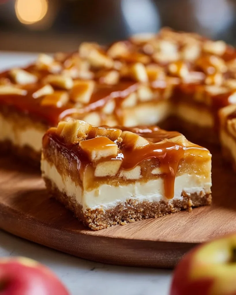Delicious salted caramel apple cheesecake bars on a serving plate