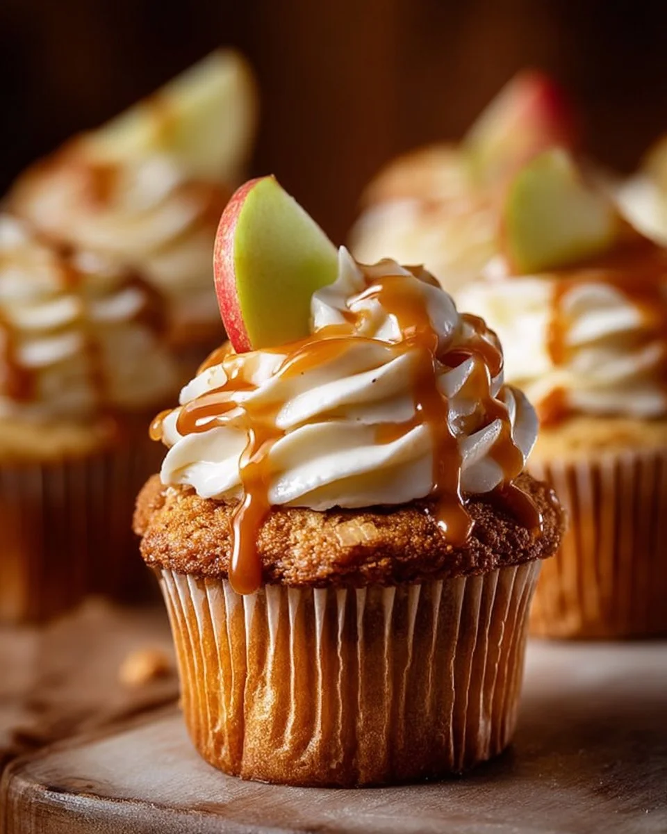 Delicious salted caramel apple cupcakes with frosting and caramel drizzle