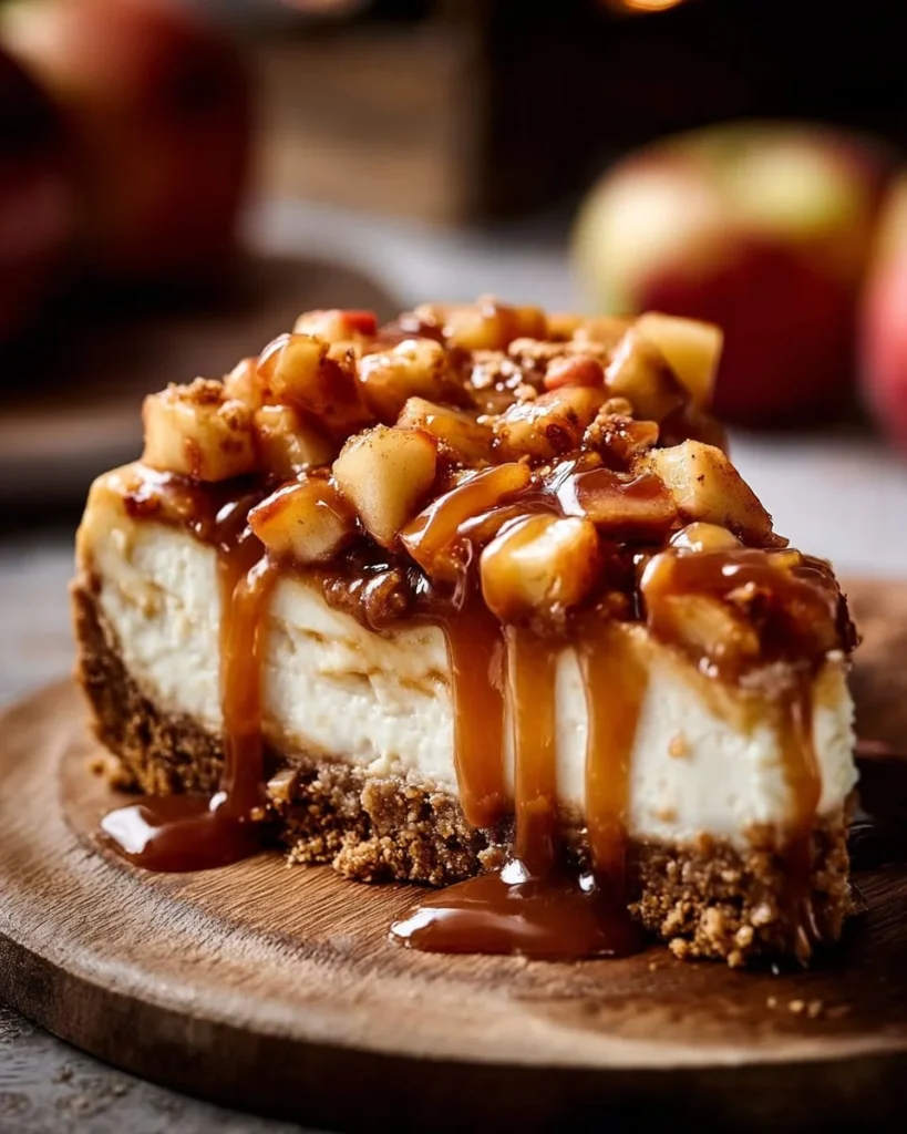 Delicious salted caramel apple pie cheesecake topped with caramel drizzle.