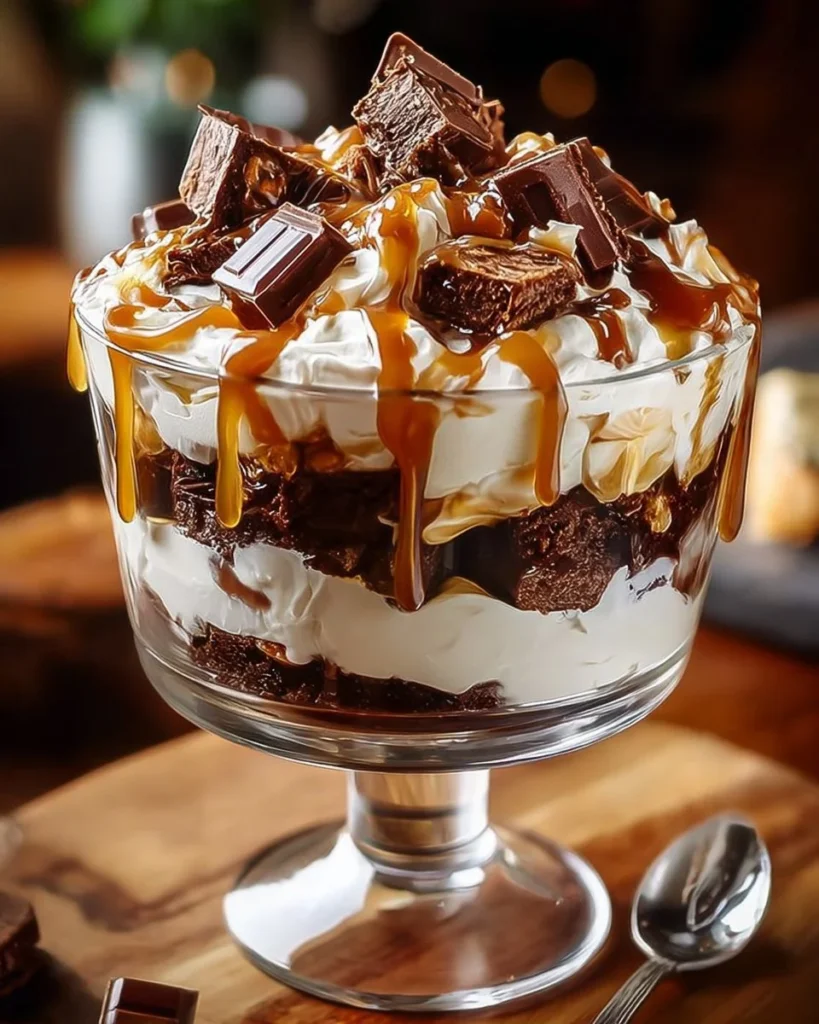 Delicious salted caramel brownie cheesecake trifle in a glass dish