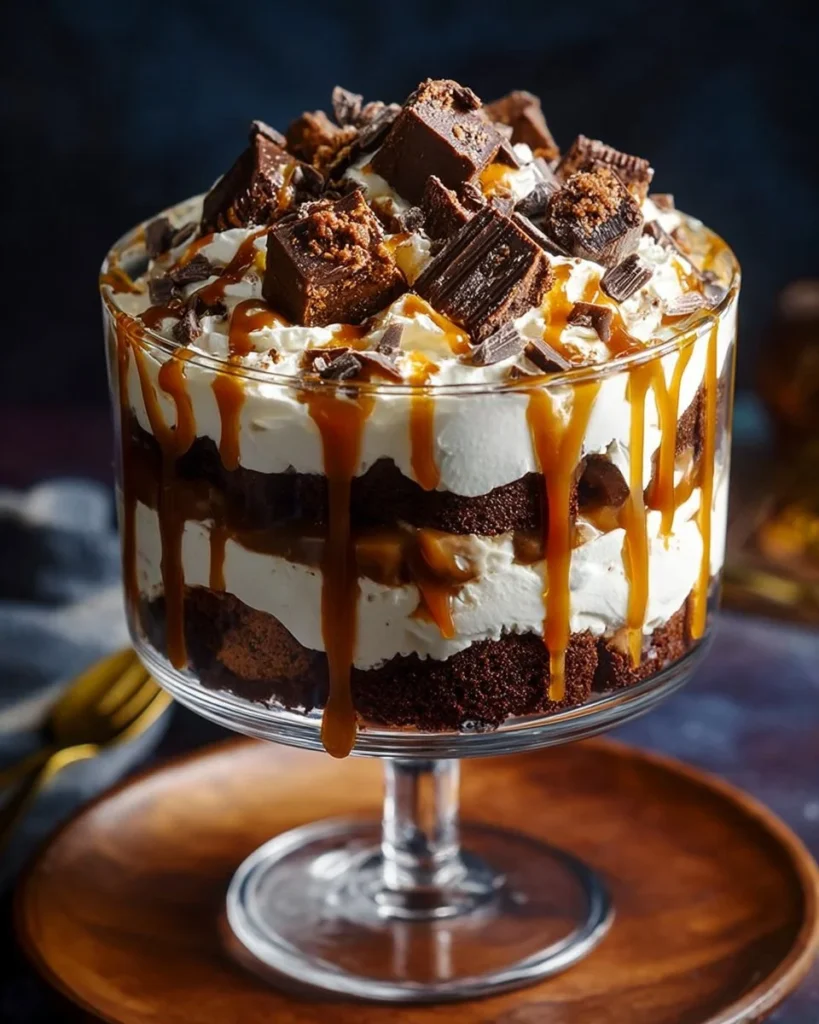 Delicious salted caramel brownie cheesecake trifle in a glass dish