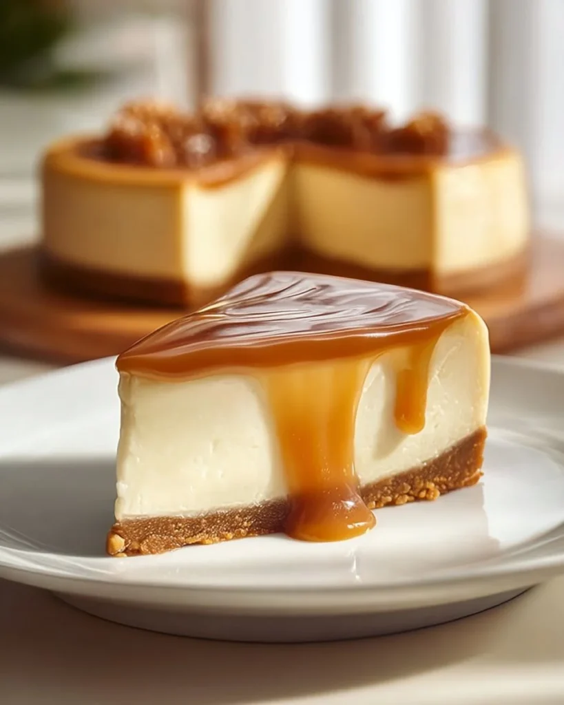 Delicious salted caramel cheesecake topped with a drizzle of caramel sauce