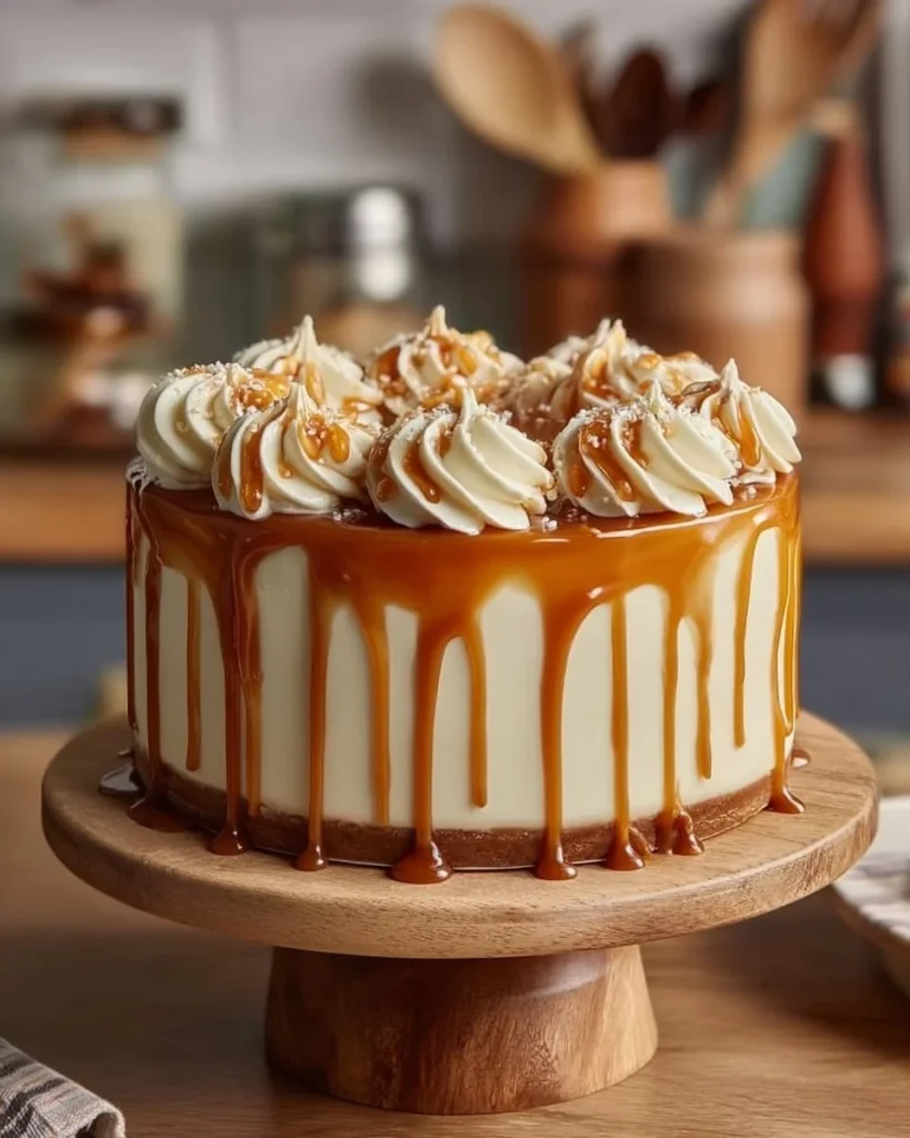 Salted Caramel Cheesecake Drip Cake topped with caramel drizzle