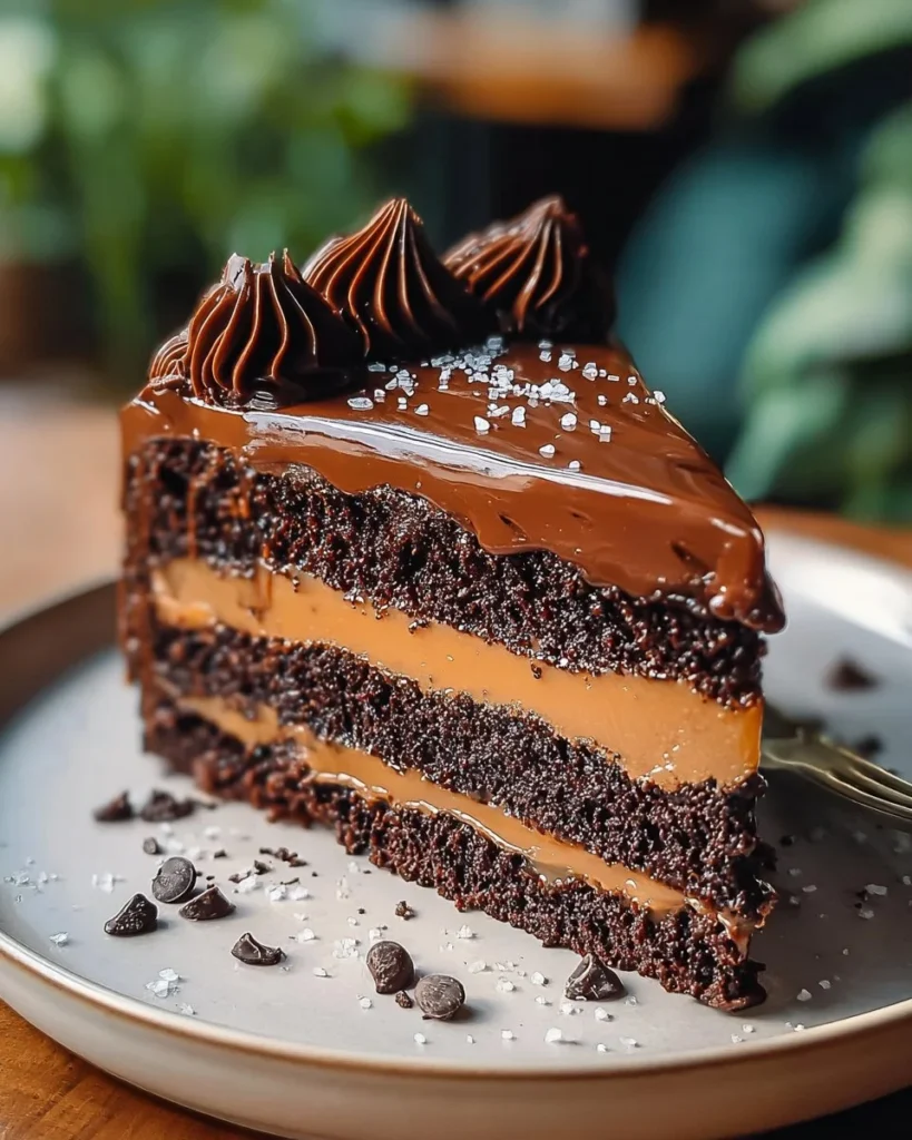 Delicious salted caramel chocolate cake with a rich chocolate topping