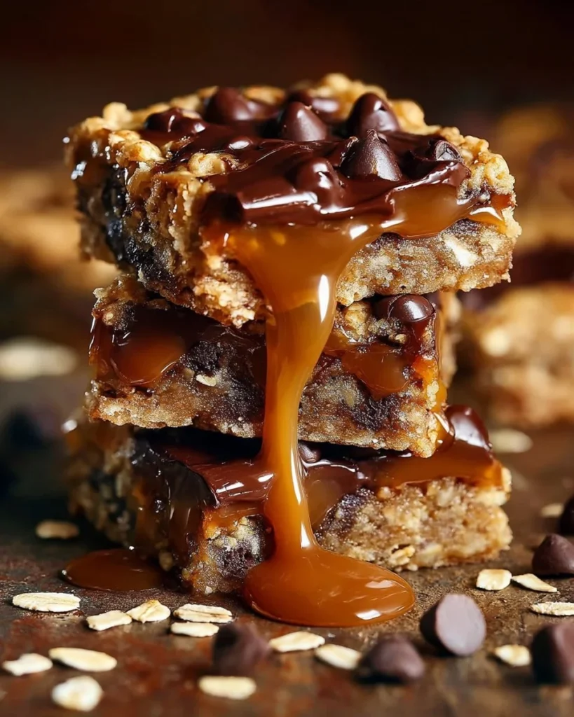 Salted caramel chocolate chip oat cookie bars on a wooden table