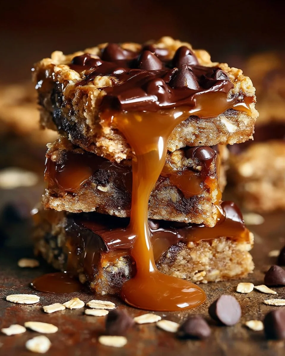 Salted caramel chocolate chip oat cookie bars on a wooden table