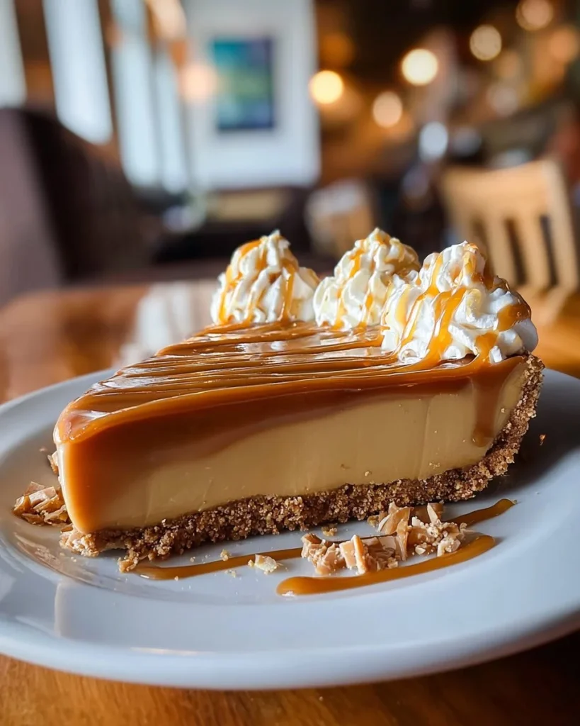 Delicious salted caramel cream pie topped with whipped cream and caramel drizzle