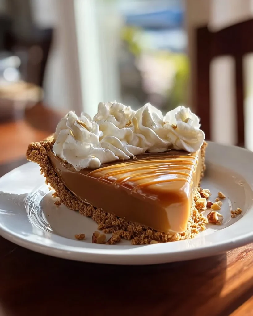 Delicious salted caramel cream pie topped with whipped cream and caramel drizzle