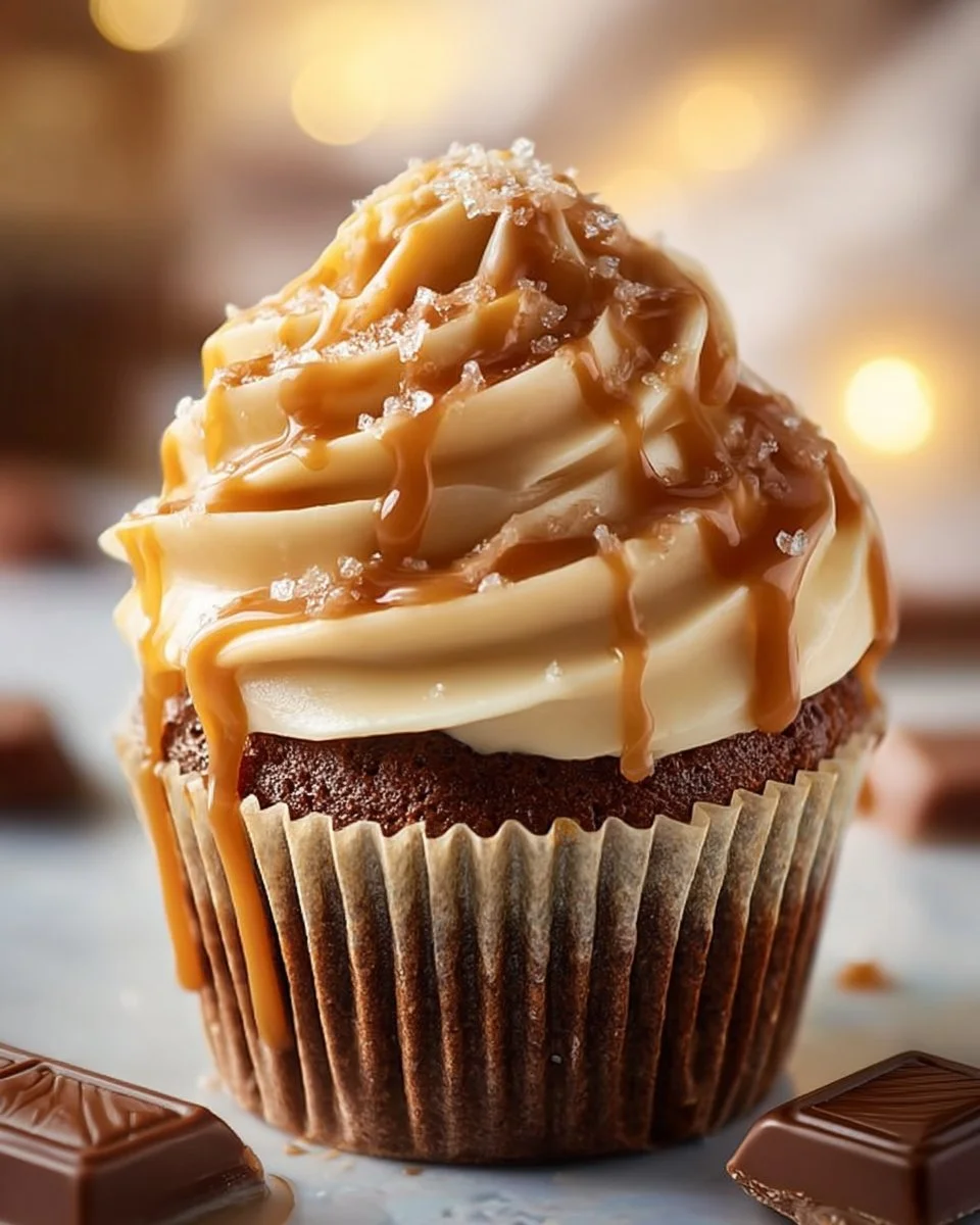 Delicious salted caramel cupcakes topped with creamy frosting