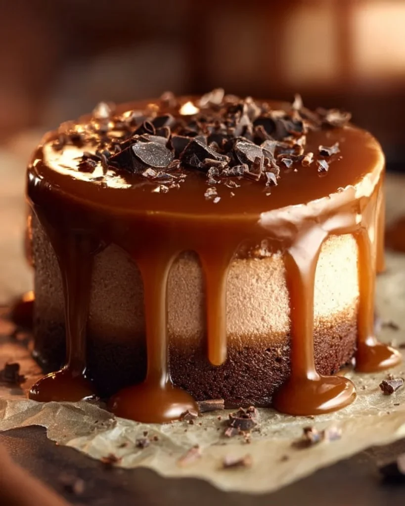 Delicious salted caramel mocha cheesecakes topped with chocolate drizzle.