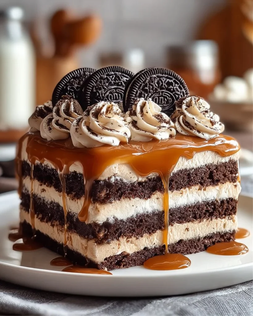 Delicious Salted Caramel Oreo Icebox Cake layered with whipped cream and chocolate.