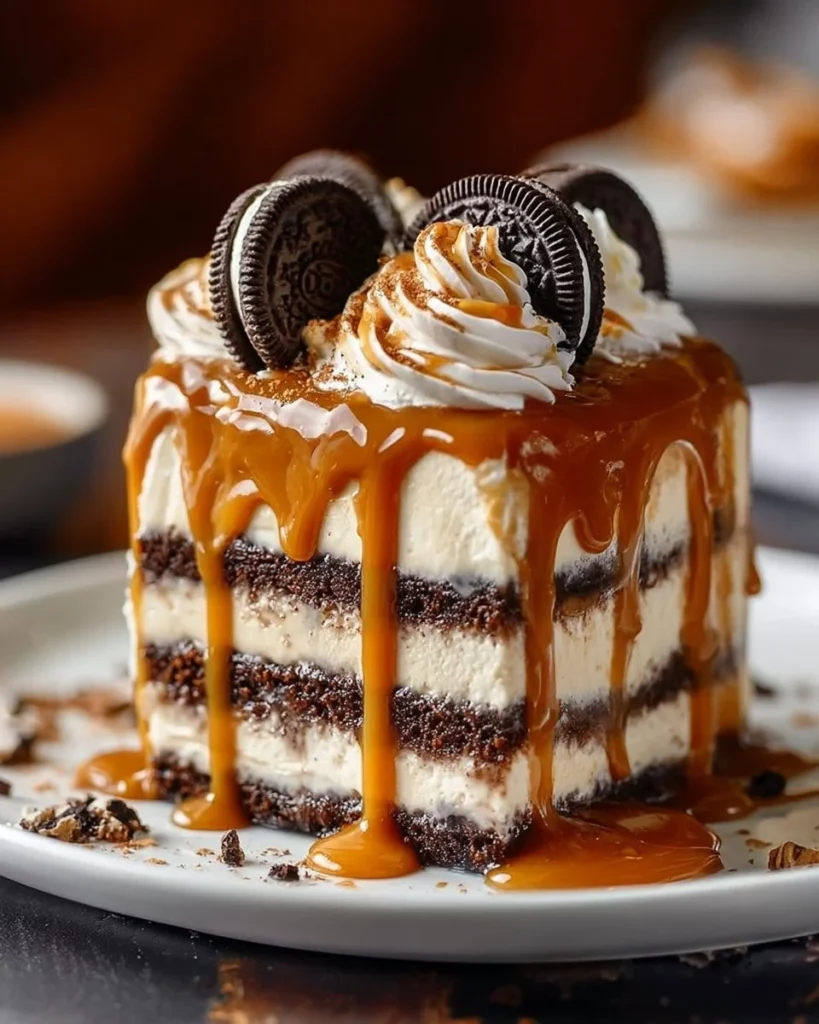 Delicious Salted Caramel Oreo Icebox Cake layered with chocolate and caramel