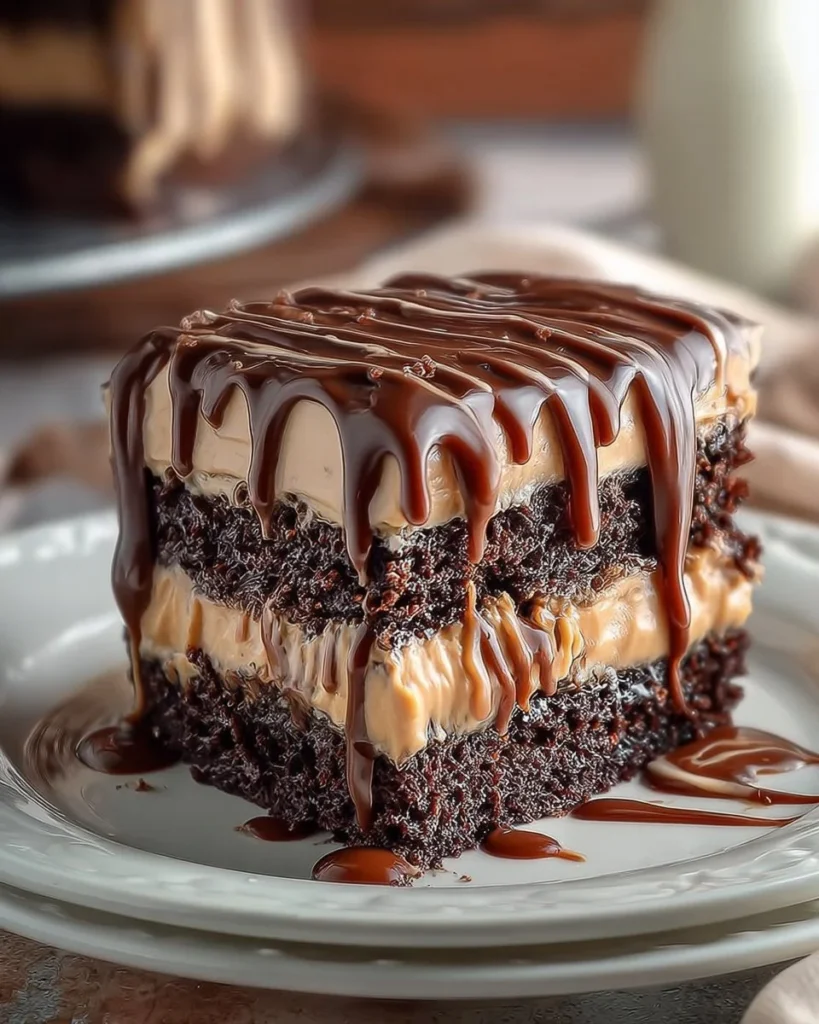 Slice of salted caramel peanut butter chocolate cake topped with a drizzle of caramel