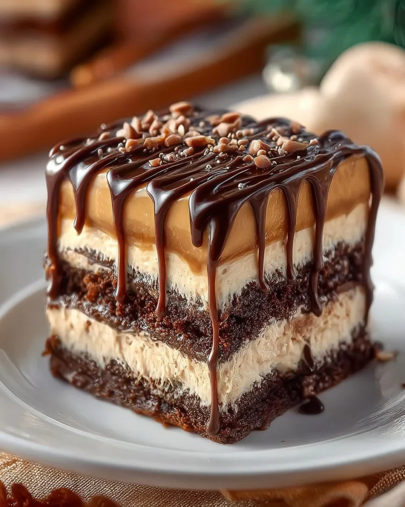 Salted caramel peanut butter chocolate cake topped with chocolate ganache.