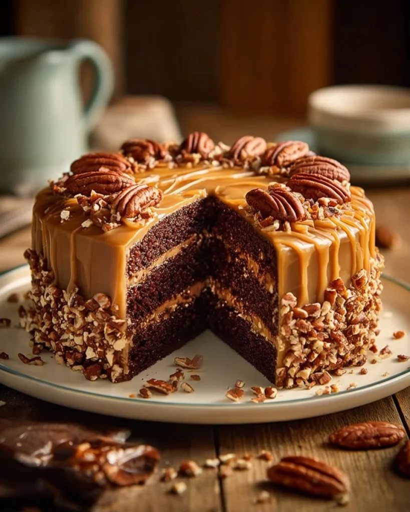 Slice of Salted Caramel Pecan Chocolate Cake with rich frosting