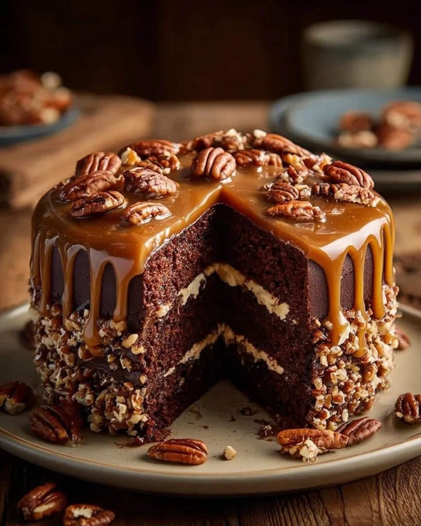 Delicious Salted Caramel Pecan Chocolate Cake topped with pecans and caramel drizzle.