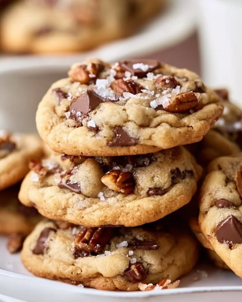 Delicious salted caramel pecan chocolate chip cookies on a plate