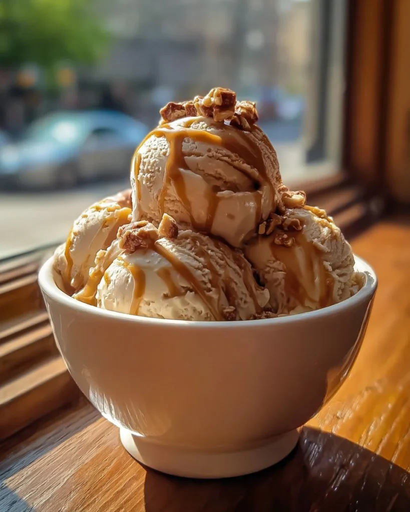 Delicious bowl of salted caramel swirl ice cream topped with caramel drizzle.