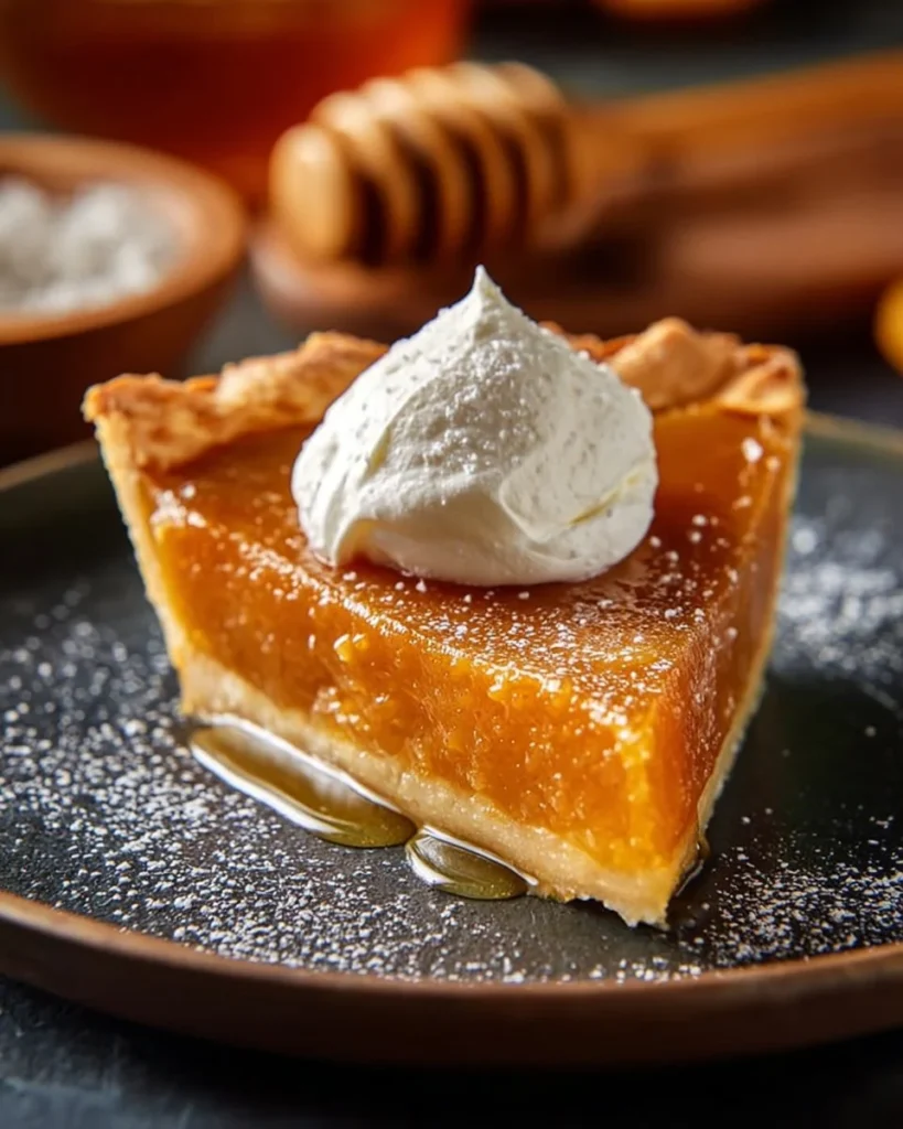 Delicious salted honey pie served with a drizzle of honey on top