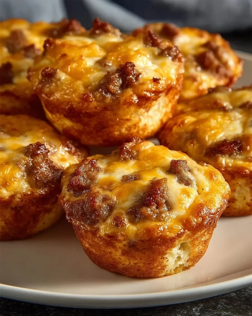 Freshly baked sausage and cheese breakfast muffins on a wooden table.
