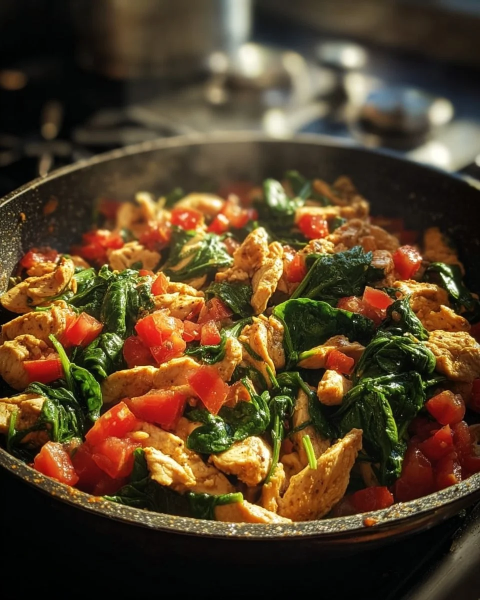 Sautéed chicken with vibrant greens in a skillet