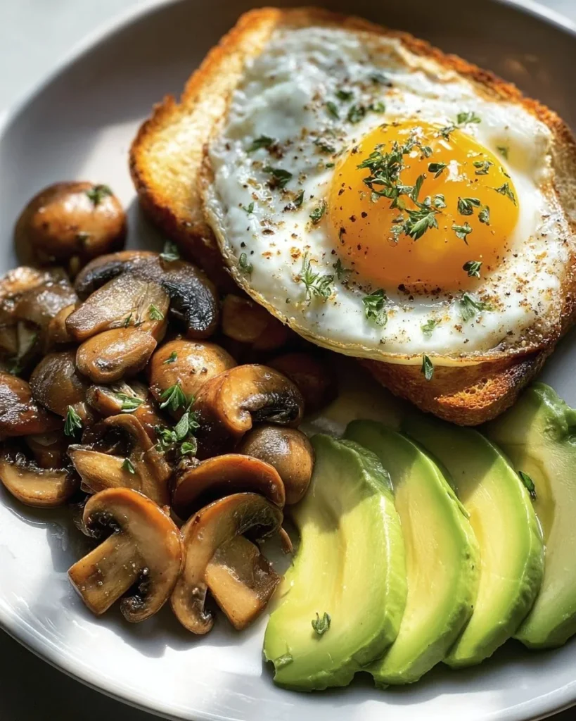 Sautéed mushroom toast garnished with avocado and sunny side up eggs.