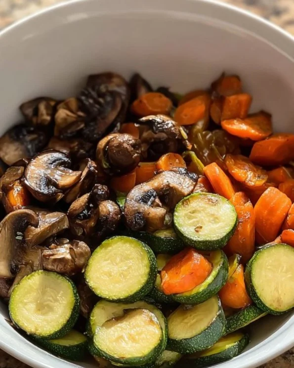 Colorful Sautéed Veggie Glow Bowl filled with fresh vegetables and grains.