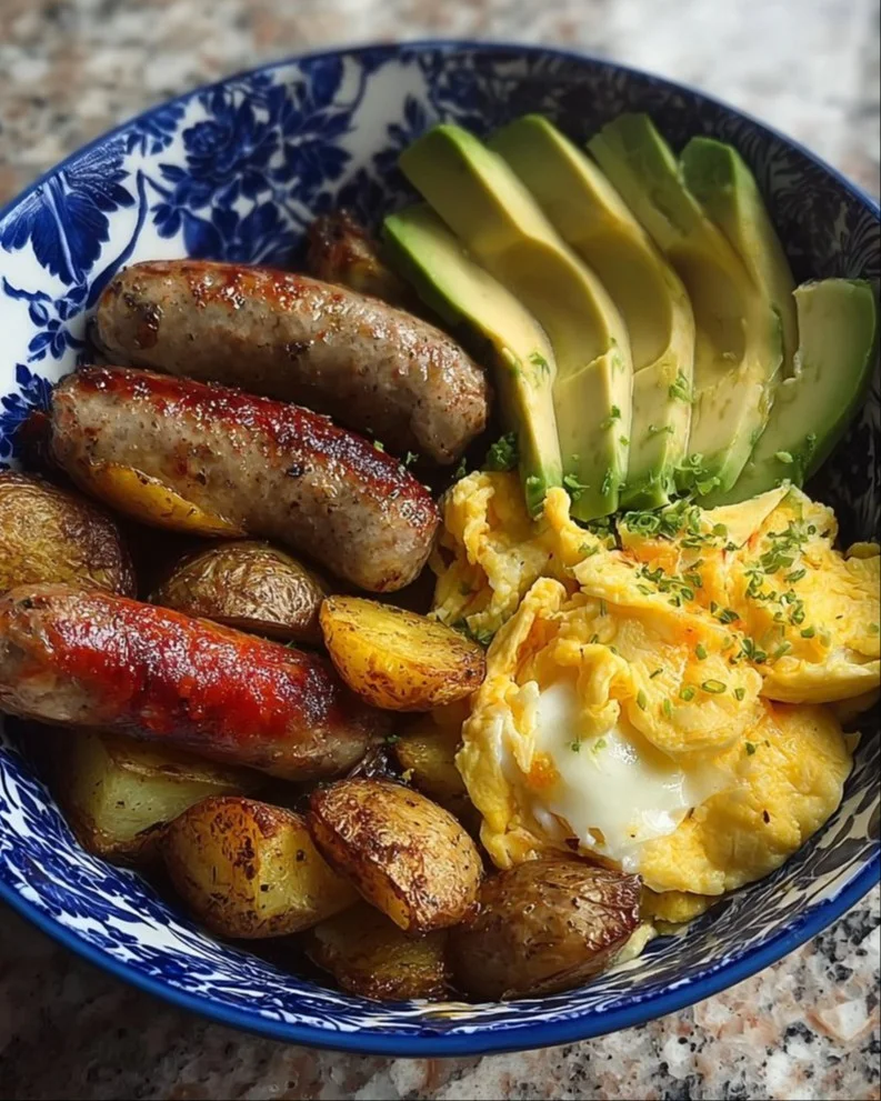 Savory breakfast power bowl with eggs, vegetables, and grains for a healthy meal.