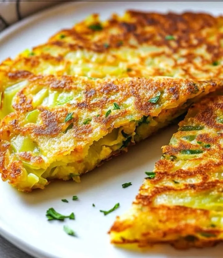 Savory cabbage pancakes served on a plate with toppings.