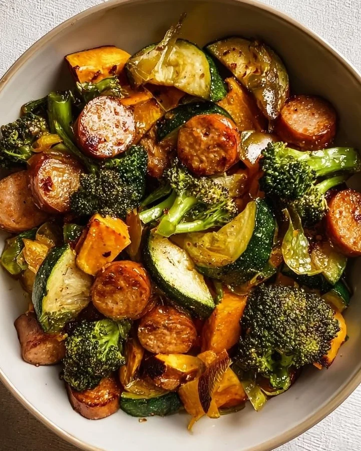 Savory chicken sausage veggie bowl with colorful vegetables and spices