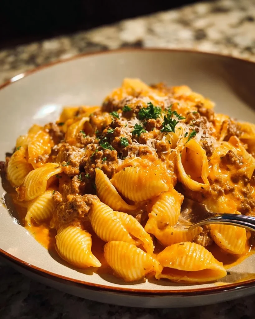 Savory creamy pasta with beef and cheddar in a bowl