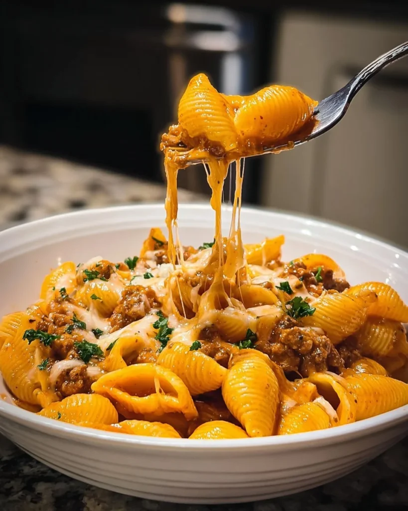 Savory creamy pasta with beef and cheddar, a delicious and comforting dish.