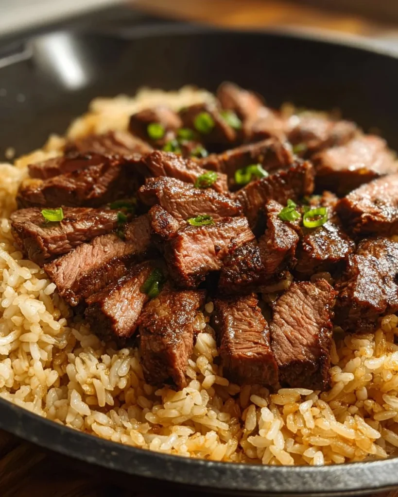 Savory honey garlic butter steak cooked in a skillet with rice