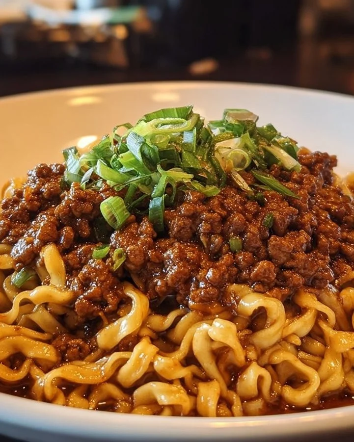 Savory Mongolian Noodles topped with Ground Beef in a bowl
