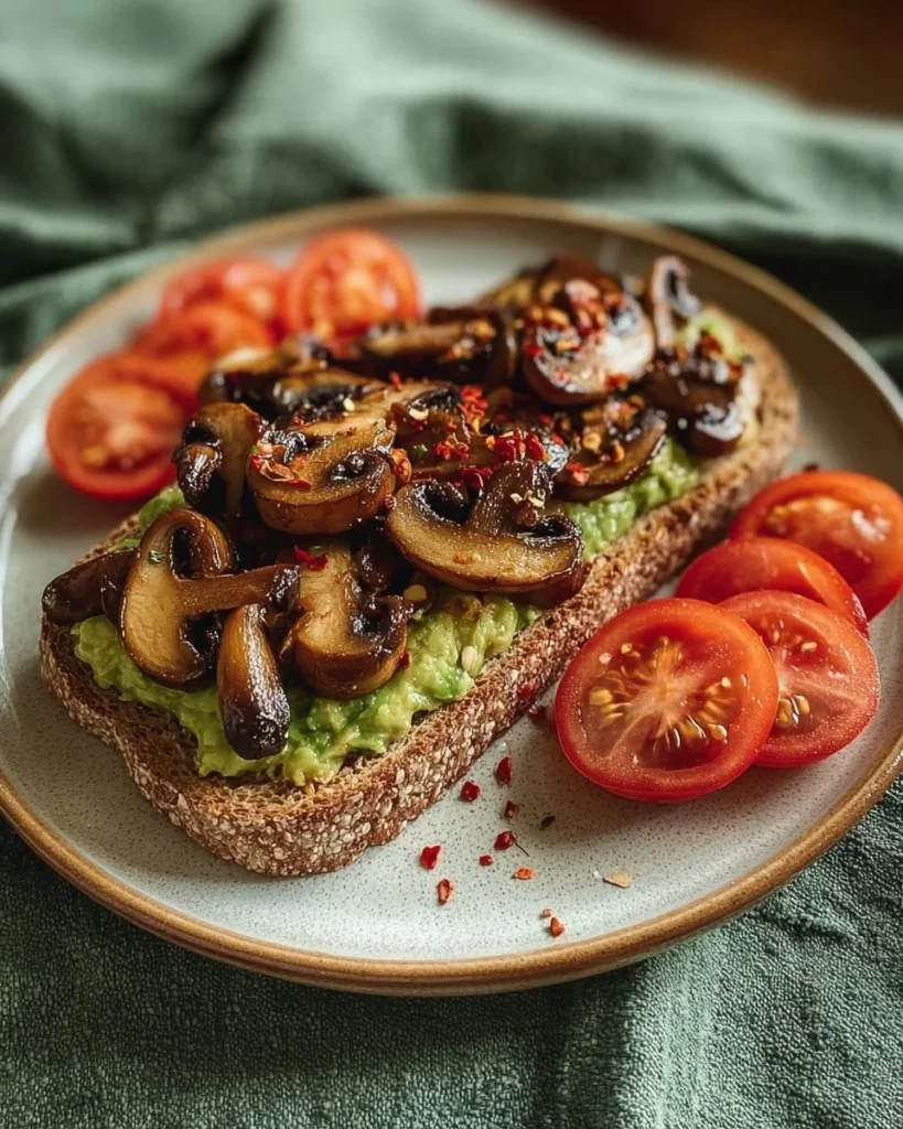 Savory mushroom avocado toast topped with cherry tomatoes on a wooden table